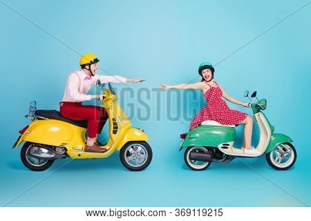 Full Length Profile Side Photo Crazy Friend Girl Driver Guy Bike Drive Chopper Try Touch Hands With 