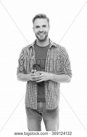 Your New Go-to Coffee Order. Happy Man Enjoy Drinking Coffee. Handsome Guy With Takeaway Coffee Isol