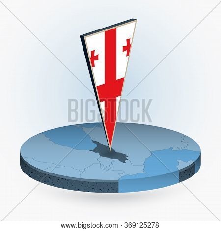 Georgia Map In Round Isometric Style With Triangular 3d Flag Of Georgia, Vector Map In Blue Color.