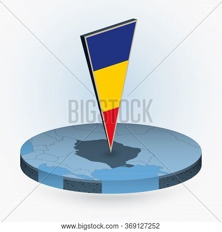 Romania Map In Round Isometric Style With Triangular 3d Flag Of Romania, Vector Map In Blue Color.