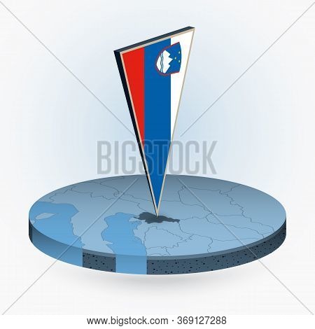 Slovenia Map In Round Isometric Style With Triangular 3d Flag Of Slovenia, Vector Map In Blue Color.