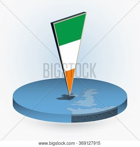 Ireland Map In Round Isometric Style With Triangular 3d Flag Of Ireland, Vector Map In Blue Color.