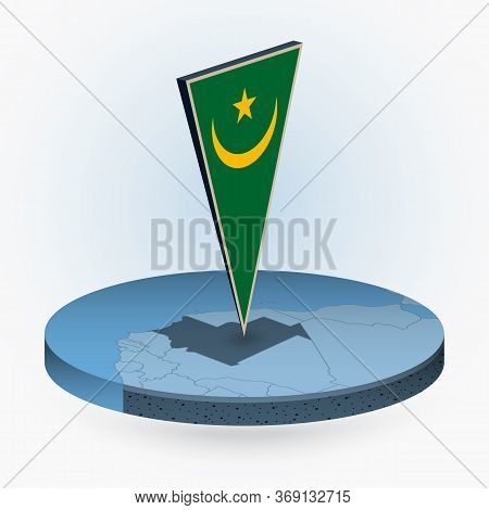 Mauritania Map In Round Isometric Style With Triangular 3d Flag Of Mauritania, Vector Map In Blue Co