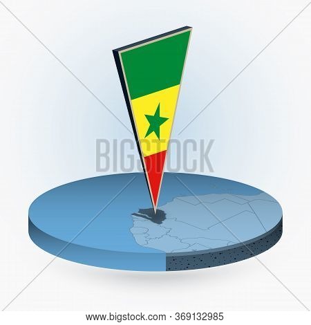 Senegal Map In Round Isometric Style With Triangular 3d Flag Of Senegal, Vector Map In Blue Color.