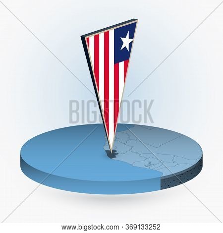 Liberia Map In Round Isometric Style With Triangular 3d Flag Of Liberia, Vector Map In Blue Color.