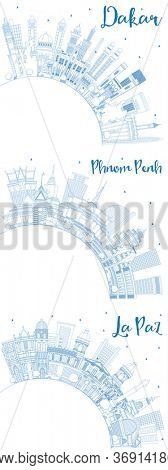 Outline Phnom Penh Cambodia, La Paz Bolivia and Dakar Senegal City Skylines Set with Blue Buildings and Copy Space.