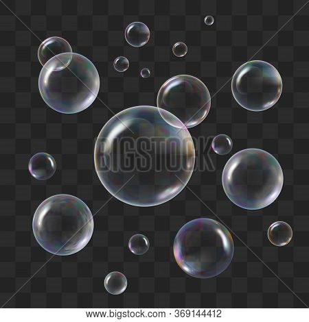 Soap Transparent Bubbles With Rainbow Reflection. Set Water Realistic Soapy Balls. Vector Stock Illu