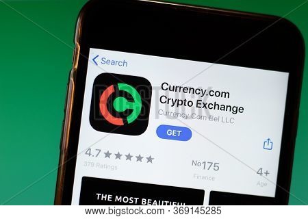 Moscow, Russia - 1 June 2020: Currency.com Crypto Exchange App Mobile Logo Close-up On Screen Displa