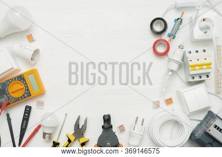 Electric Equipment And Accessories Concept Flat Lay Background With Copy Space. Electrical Works.
