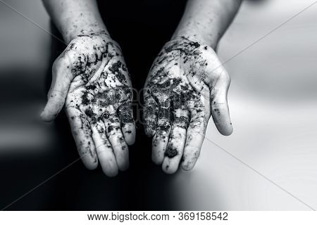 Metacarpus Or Palm Of A Farmer With Some Soil In It With Blurred Background.
