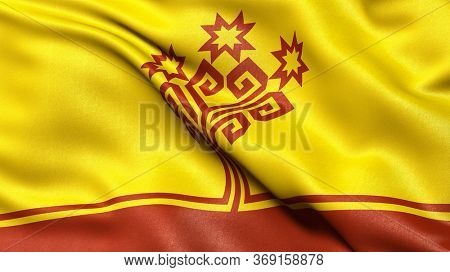 Flag of the Chuvash Republic (Chuvashia) waving in the wind. 3D illustration.