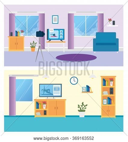 Set Scenes Of Living Room With Furnitures And Decoration Vector Illustration Design