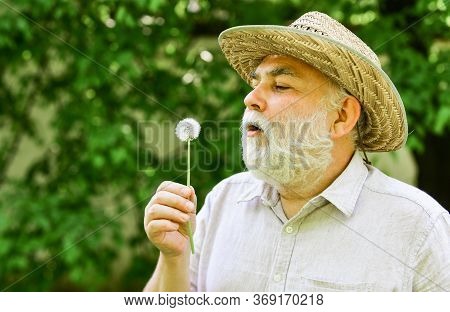 Peacefulness. Tranquility And Serenity. Harmony Of Soul. Elderly Man In Straw Summer Hat. Happy And 