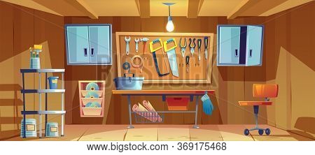Garage Interior With Instruments, Tools For Carpentry And Repair Works. Empty Workshop With Screwdri