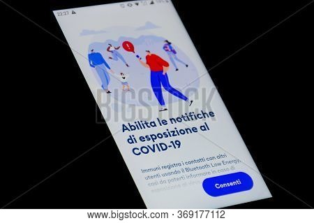 Vilnius, Lithuania - June 1 2020: Stop Covid, Immuni App, Official Covid-19 Or Coronavirus Contact T