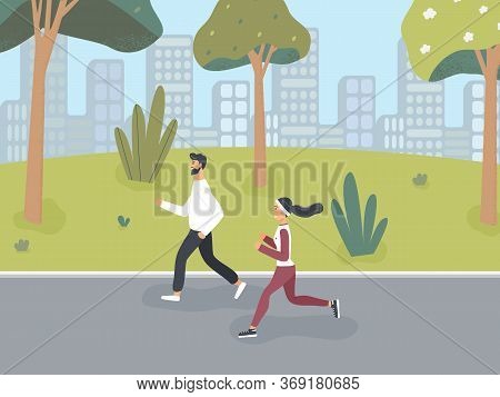 Happy Girl And Guy Dressed In Sportswear Jog In Spring Or Summer Park In Order To Lead Healthy Lifes