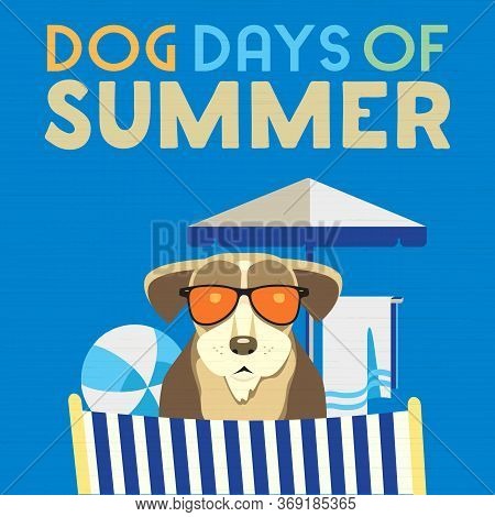 Dog Days Of Summer Time For Adventure. Cute Comic Cartoon. Colorful Humor Retro Style. Canine In Sun