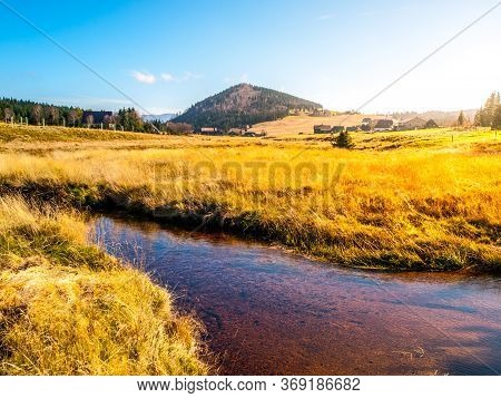 Idyllic Mountain Landscape Around Jizerka Village With Bukovec Hill And Jizerka River. Sunny Day, Ji