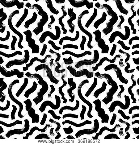 Scattered Wavy Brushstrokes Hand Drawn Vector Seamless Pattern. Monochrome Printmaking Texture. Blac