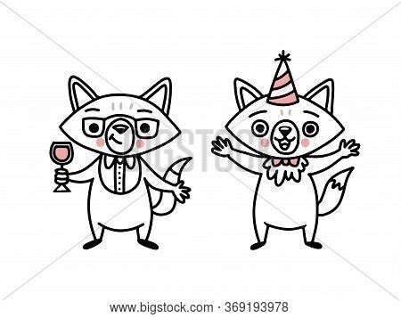 Cute Doodle Vector Foxes With Drink And In Birthday Hat For Holidays And Party Stickers.