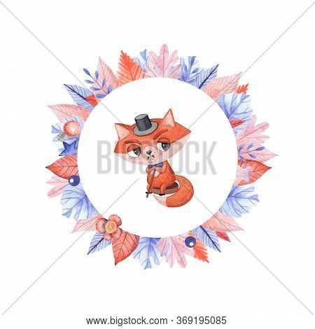 Watercolor Round Frame Of Autumn Orange Leaves With A Cartoon Fox In A Top Hat. The Childish Charact