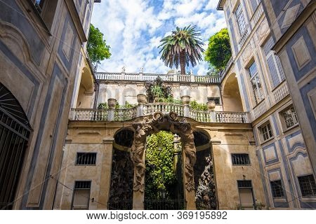 Genoa, Italy - August 20, 2019: Patio Of Palazzo Lomellino Di Strada Nuova At Via Garibaldi In Genoa