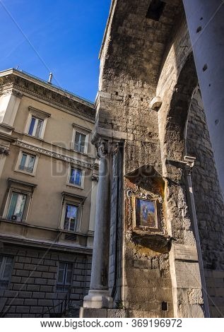 Genoa, Italy - August 20, 2019: Inside View Of Porta Soprana Or Saint Andrews Gate In Genoa, Italy