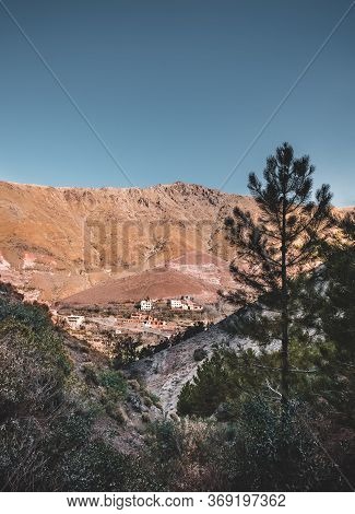 Sunrise In The High Atlas Mountains In Morocco Near Small Village Of Imlil. Blue Sky And Hiking Path