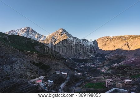 Sunrise Sunset View Towards High Atlas Mountains In Imlil. Mountain Range In Central Morocco, North 