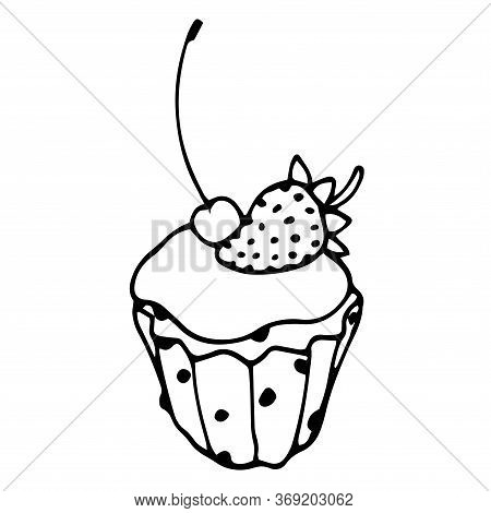 Cupcake With Strawberries, Cherries, Raisins, Icing And Cream, Festive Dessert, Vector Illustration 