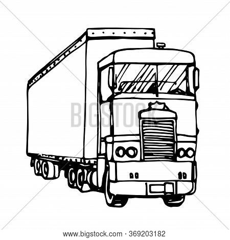 Large Old American Refrigerator Truck With Trailer, Vector Illustration With Black Ink Contour Lines