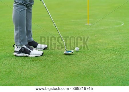 Golfer Preparing For A Putt Golf Ball On The Green During Golfcourse.