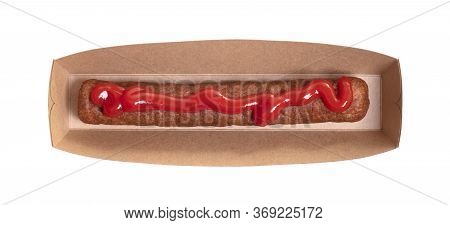 One Frikadel With Ketchup, A Dutch Fast Food Snack On A Paper Tray