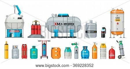 Set Of Vector Gas Cylinder. Cylindrical Container With Liquefied Compressed Gases With High Pressure