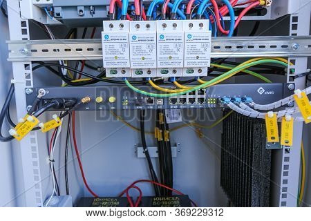 Russia, Saint-petersburg - April 30, 2018: Inside Part Of Climatic Vandal-proof Cabinet With Microwa