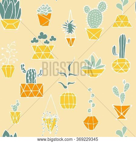 Doodle Plant In Faceted Pot Seamless Pattern. Hand Drawn Leaves, Succulents, Cactus With Poly Yellow
