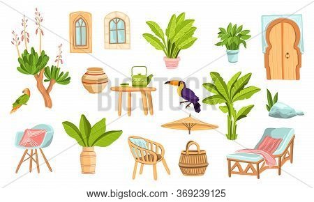 Summer Exotic Set With Backyard Cane Furniture, Tropical And Houseplants, Windows, Doors, Toucan, Pa