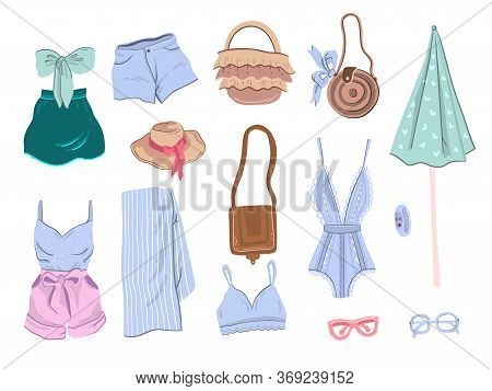 Vector Summer Collection Of Women Beach Clothes. Hand Drawn Set With Umbrella, Lingerie, Bag, Hat, G