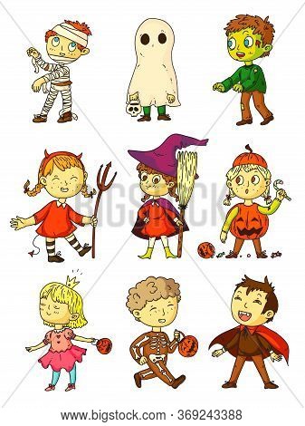 Halloween Kids. Funny Kids In Creepy Costumes Set. Children Wearing Mummy, Ghost, Zombie, Witch, Dev