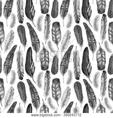 Freehand Drawing Quill Of Fethers Birds. Tribal Seamless Pattern. Isolated On White Background In Gr