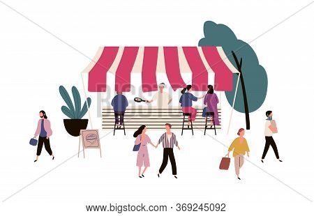 People At Street Food Booth Counter Vector Flat Illustration. Outdoor Kiosk Tent With Seller Or Chef