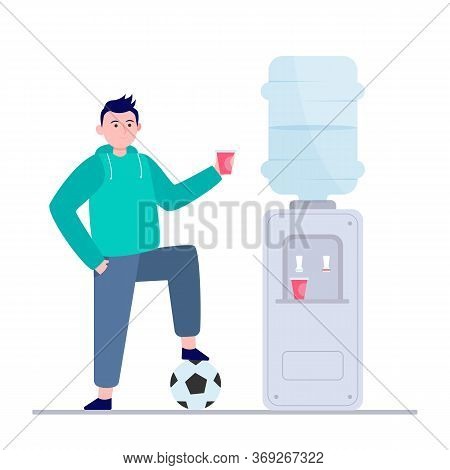 Football Player Drinking Water At Cooler. Male Athlete, Soccer, Sportsman Flat Vector Illustration. 