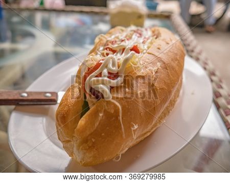 Close Up Sandwich Topup With Mayonnaise And Tomato Sauce In Breakfast Restaurant And Coffee Shop At 