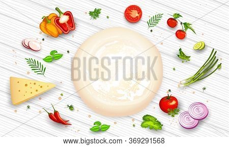 Illustration Of Dough With Other Ingredient Vegetables And Herbs Seasoning For Focaccia Bread Or Piz