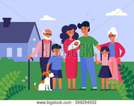 Happy Family With Grandparents And Kids Standing At House. Family With Newborn Child Smiling Outdoor
