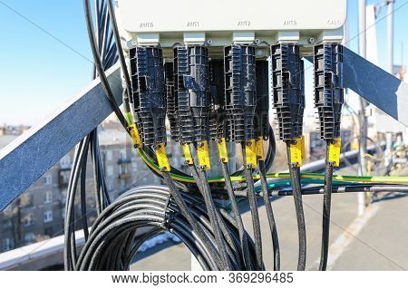 Russia, Saint-petersburg - April 30, 2018: Protective Covers Of Optic Cables Connected To Telecommun