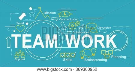 Teamwork And Business Collaboration Vector Illustration With Typograpy And Thin Line Icons, Blue Bac