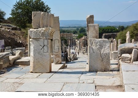 Ephesus, Turkey - August 16, 2017: Curetes Street In Ephesus Ancient City, Selcuk, Turkey. Hercules 