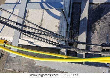 Russia, Saint-petersburg - April 30, 2018: Ground Cables Of Base Transceiver Station Bts Are Install