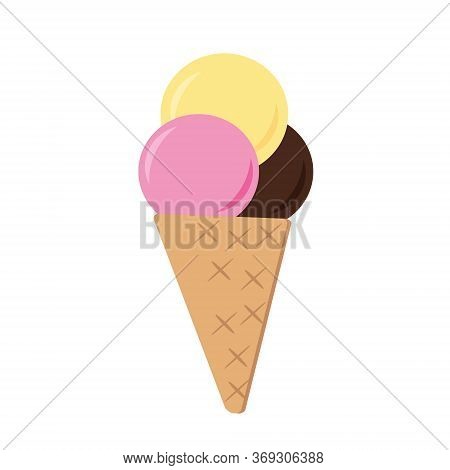 Ice Cream In A Waffle Cone. Three Multi-colored Balls. Single Element In Vector Flat Style, Sweet De